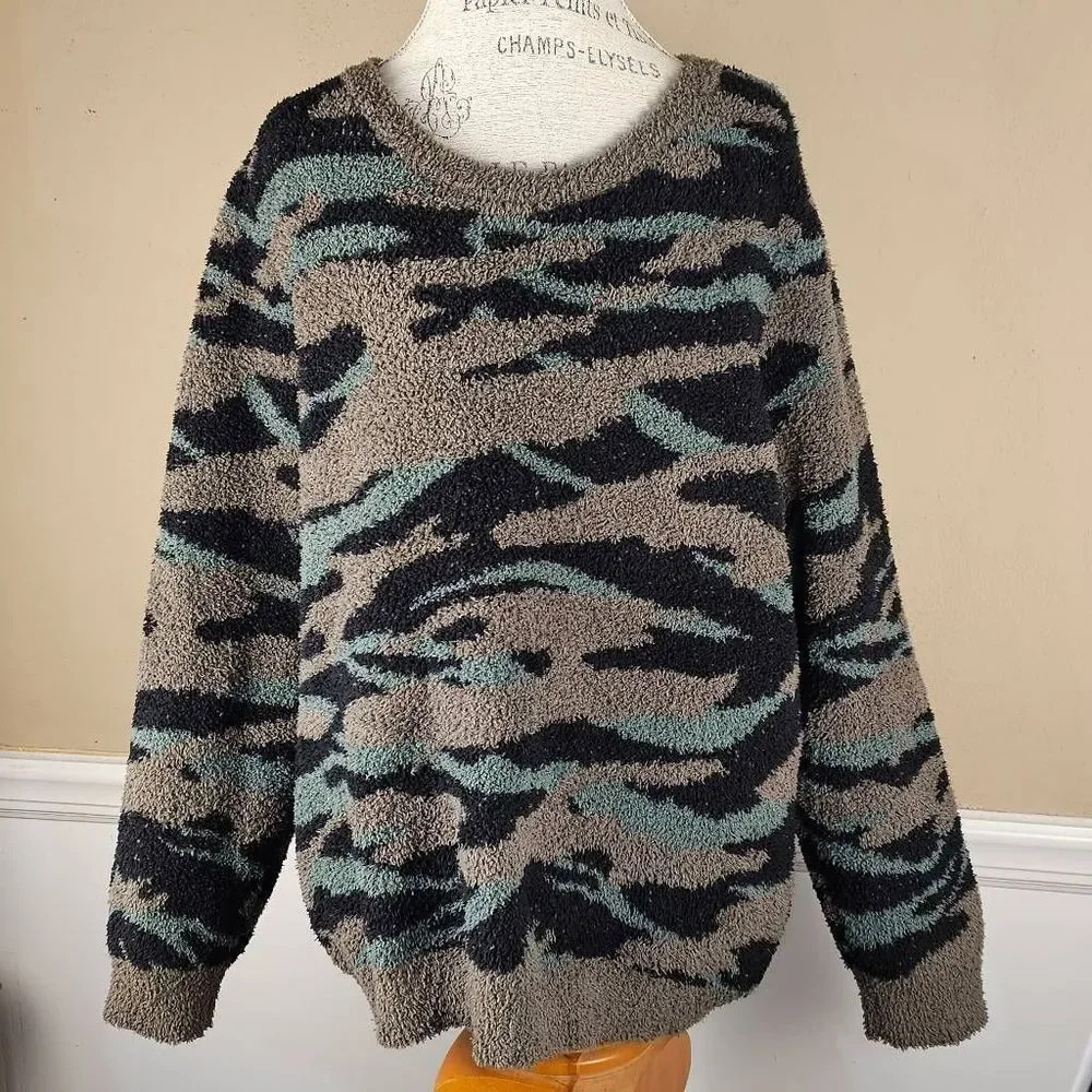 Barefoot Dreams Womens Camo CozyChic Seaside Crew Neck‎ Pullover Sweater XL